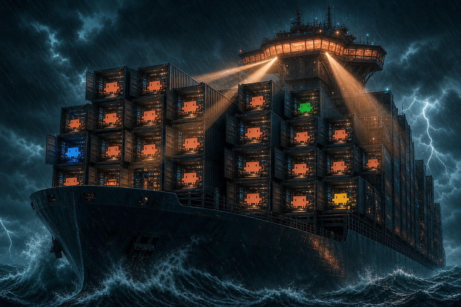 A storm-tossed cargo ship stacked with glowing server containers, each holding a little pixel Claude at work, watched over by a warm command bridge sweeping searchlights across the fleet.