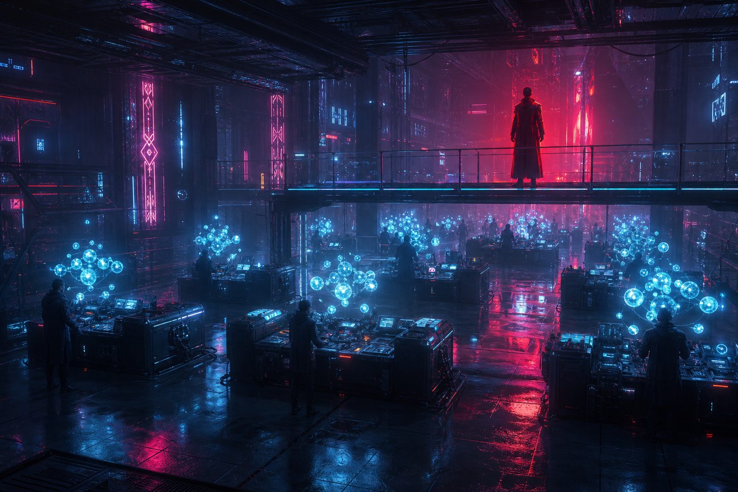 Two tiers of one frame: engineers below each governing a cluster of glowing AI agents, a manager above on a walkway overseeing the whole system.