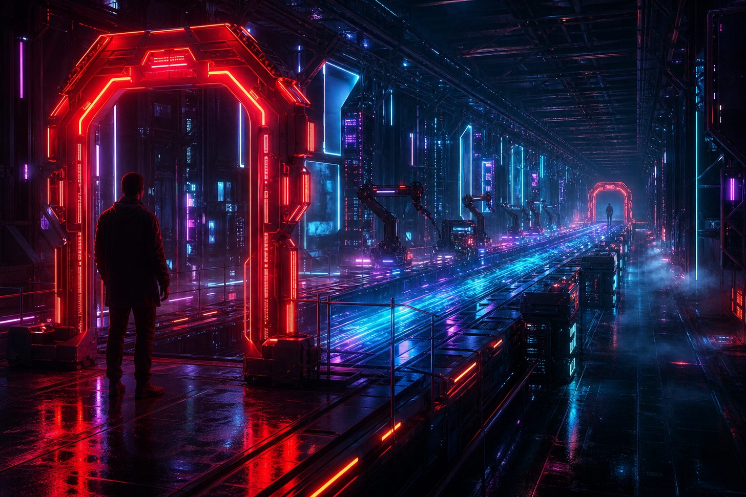 An AI delivery pipeline with a human gate at the entry and the exit and an autonomous agent-driven middle running between them.